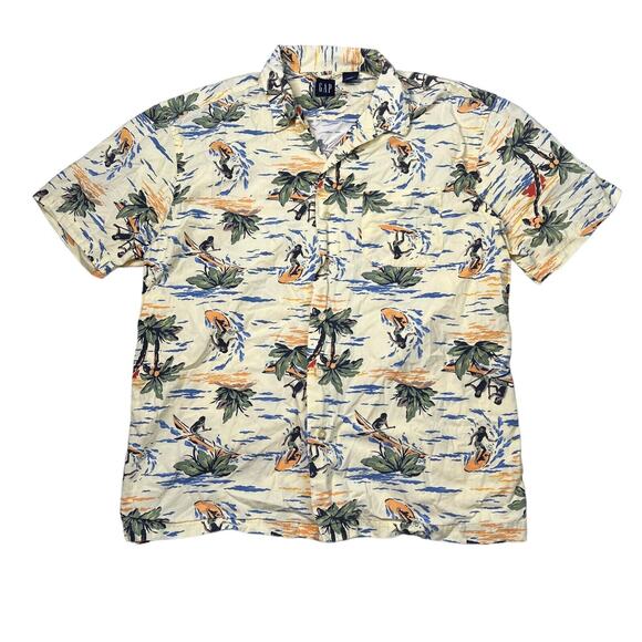 GAP Vintage 90s Hawaiian Surf Short Sleeve Casual Shirt Pale Yellow Mens Large - Picture 1 of 5